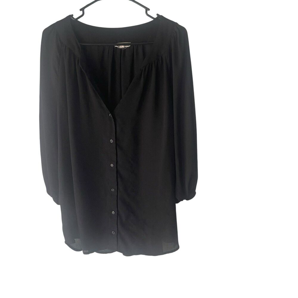 Pleione Black Button-Front Long Sleeve Blouse